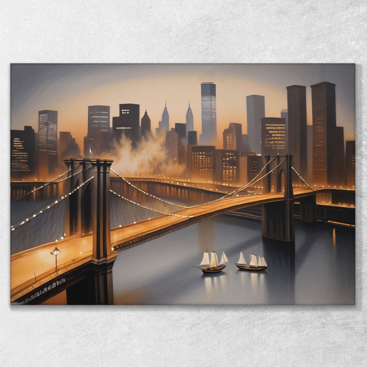 Quadro Moderno Città Astratto Skyline Di New York E Ponte Di Brooklyn Illuminato Al Tramonto ct27 quadro stampa su tela