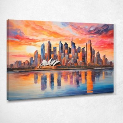 Quadro Moderno Città Astratto Vista Astratta Di Sydney Al Tramonto Con Teatro Dell'Opera E Skyline ct34 quadro stampa su tela