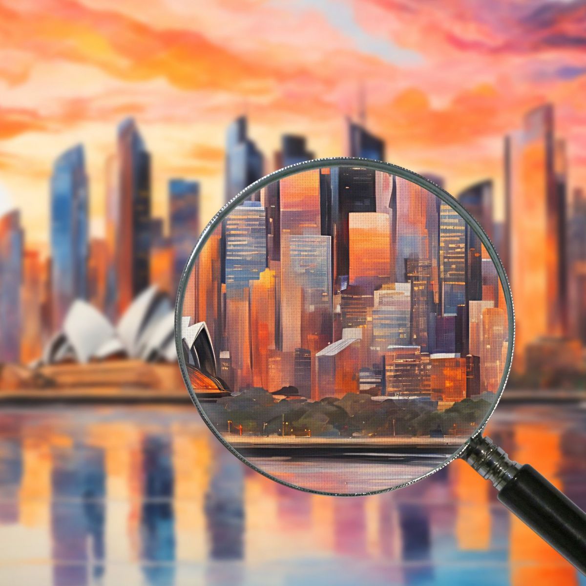 Quadro Moderno Città Astratto Vista Astratta Di Sydney Al Tramonto Con Teatro Dell'Opera E Skyline ct34 quadro stampa su tela