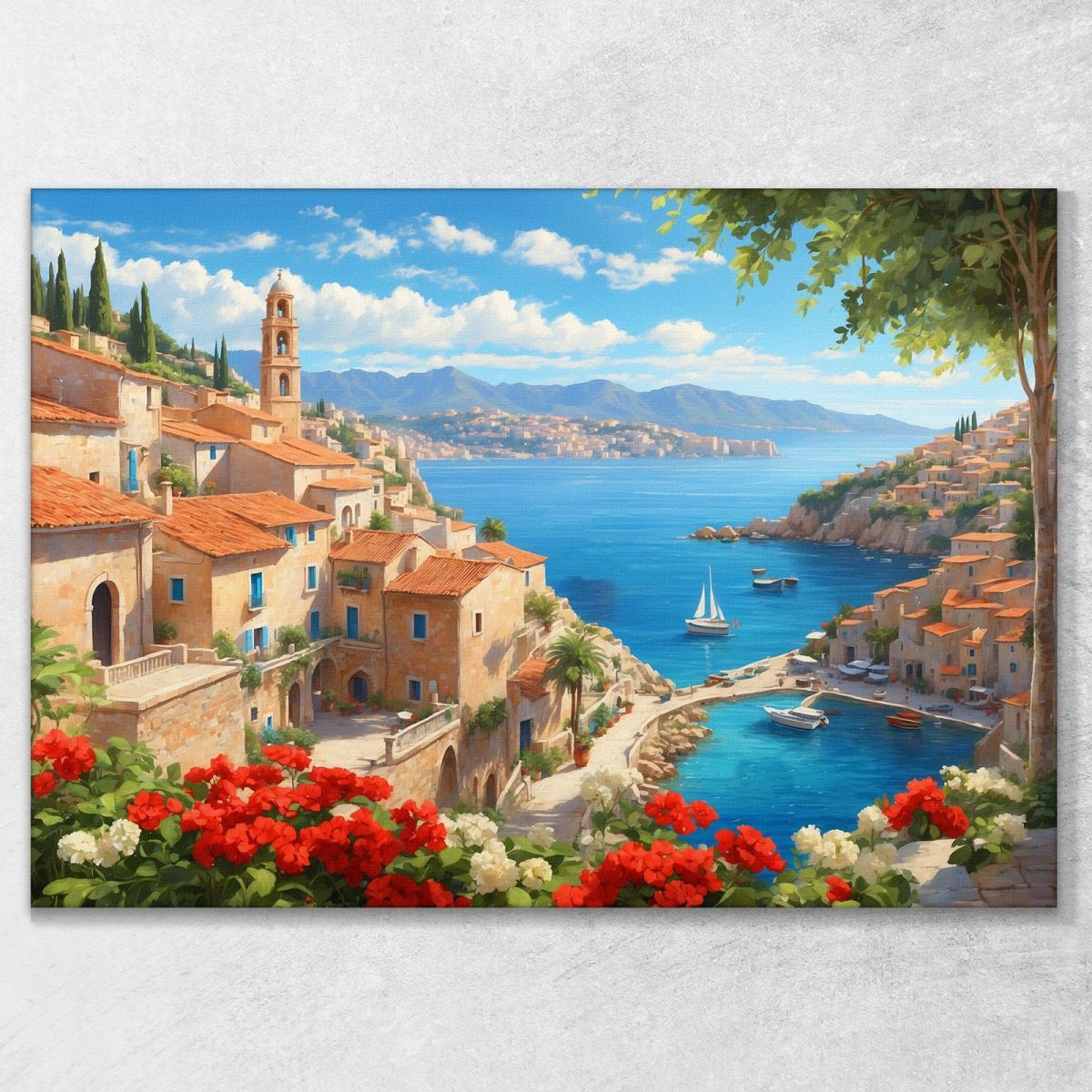 Quadro Moderno Città Astratto Vista Sulla Costa Mediterranea Con Vele E Fiori Colorati ct35 quadro stampa su tela