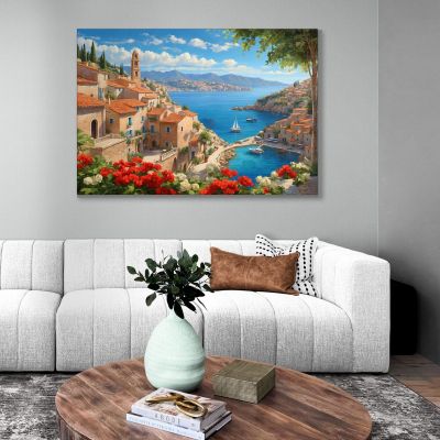 Quadro Moderno Città Astratto Vista Sulla Costa Mediterranea Con Vele E Fiori Colorati ct35 quadro stampa su tela