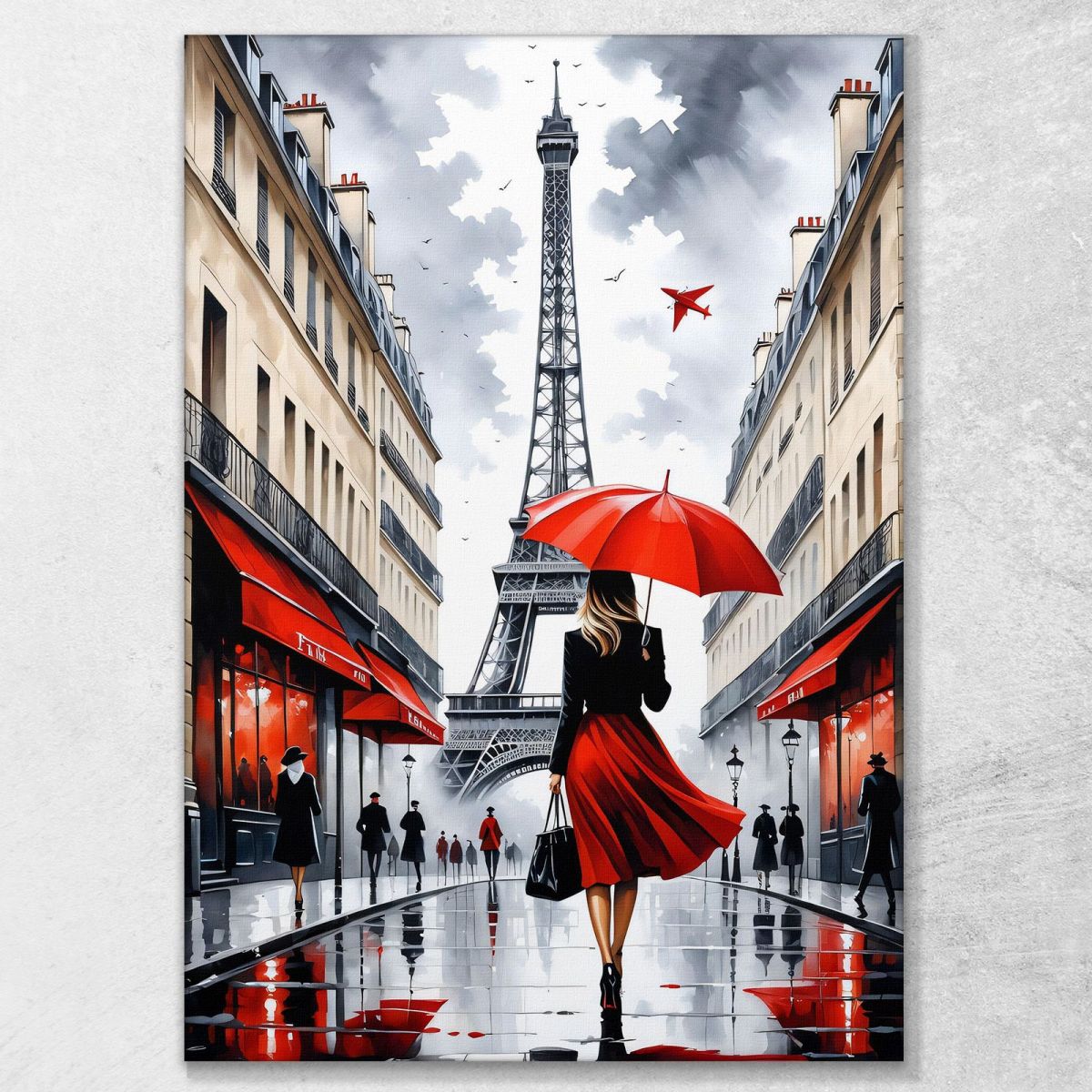 Quadro Moderno Città Astratto Elegante Donna Con Ombrello Rosso Passeggia A Parigi Con Torre Eiffel ct38 quadro stampa su tela