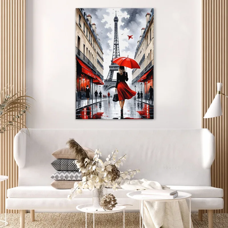 Paris Ölgemälde 'Eiffelturm Mit Regenschirm' – Violetter Kunstdruck Auf Leinwand 91x61 Cm | Fertig Gerahmt & Sofort Aufhängbar