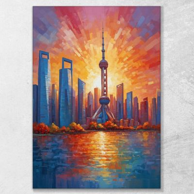 Quadro Moderno Città Astratto Splendida Vista Del Tramonto Su Shanghai ct39 quadro stampa su tela