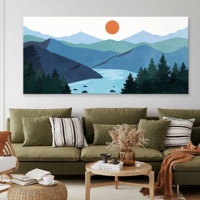 Quadro Boho Chic Illustrazione Paesaggio Montagne Blu Con Lago E Sole Al Tramonto bol2 quadro stampa su tela