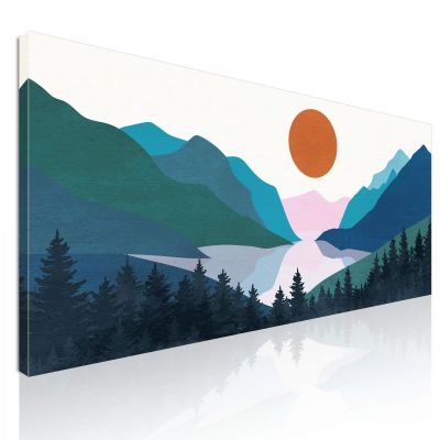 Quadro Boho Chic Illustrazione Paesaggio Montagne Colorate Con Foresta Di Pini E Lago Al Tramonto bol3 quadro stampa su tela