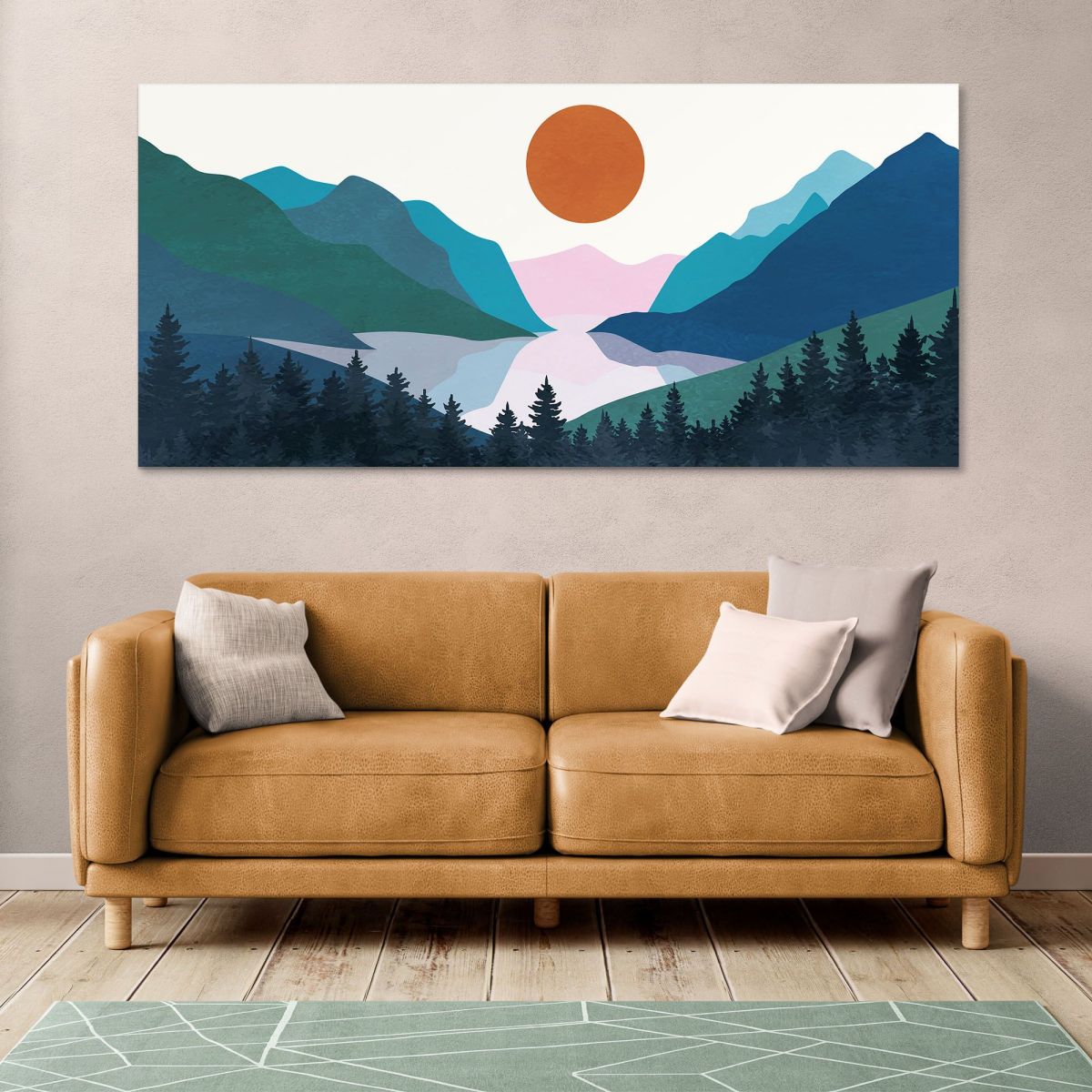 Quadro Boho Chic Illustrazione Paesaggio Montagne Colorate Con Foresta Di Pini E Lago Al Tramonto bol3 quadro stampa su tela