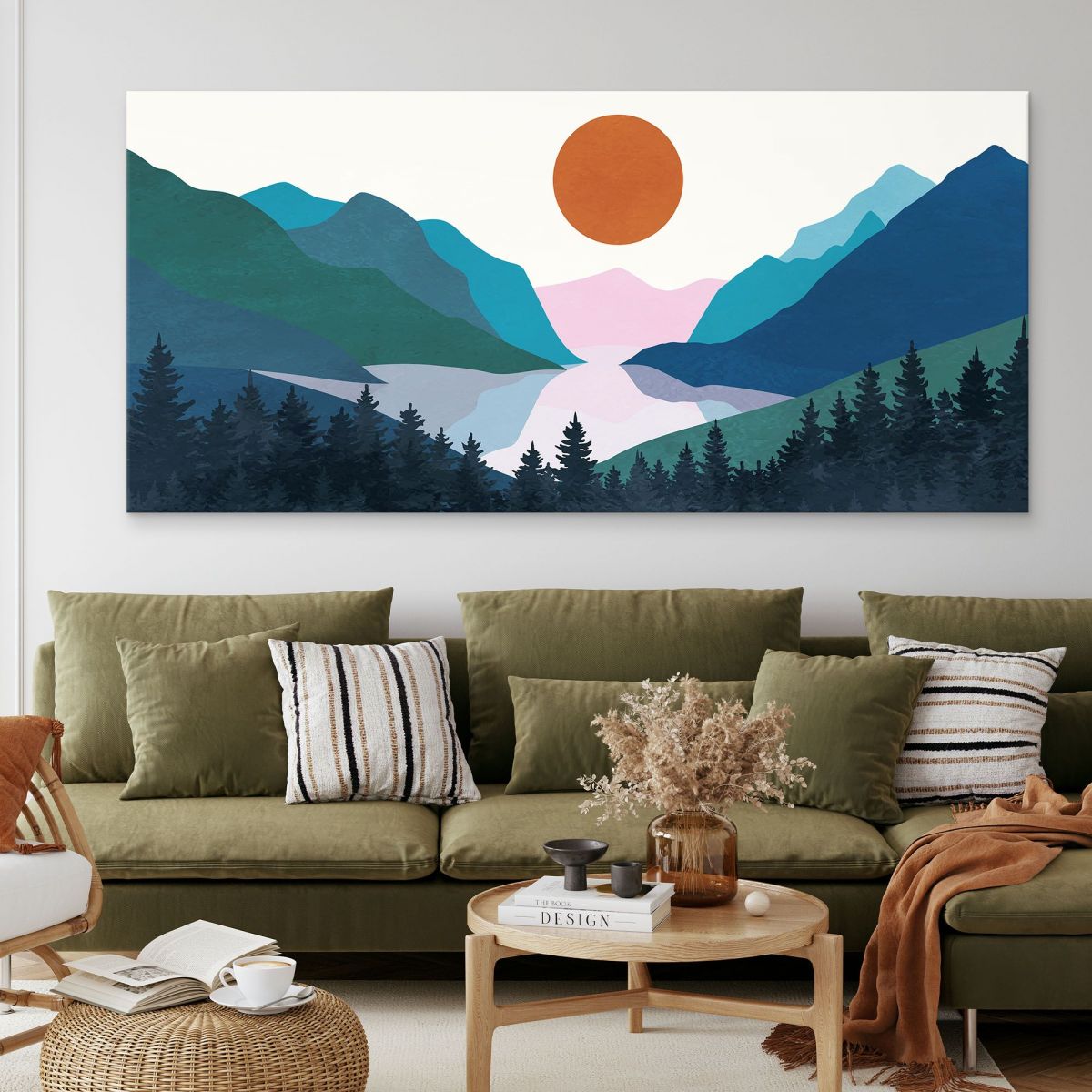 Quadro Boho Chic Illustrazione Paesaggio Montagne Colorate Con Foresta Di Pini E Lago Al Tramonto bol3 quadro stampa su tela