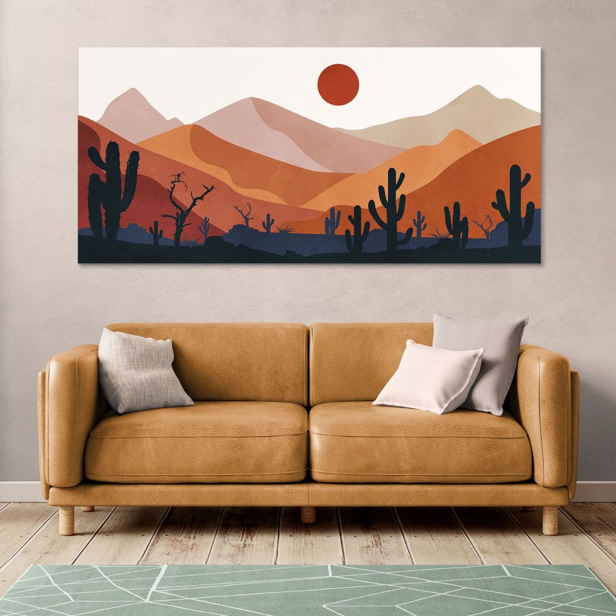 Quadro Boho Chic Illustrazione Paesaggio Deserto Montuoso Con Cactus E Sole Al Tramonto bol4 quadro stampa su tela