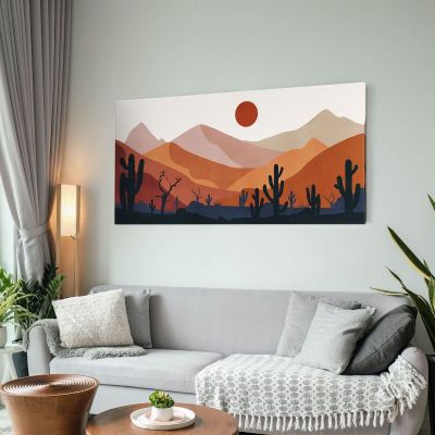 Quadro Boho Chic Illustrazione Paesaggio Deserto Montuoso Con Cactus E Sole Al Tramonto bol4 quadro stampa su tela