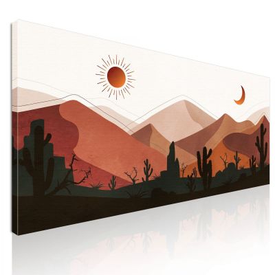 Quadro Boho Chic Illustrazione Paesaggio Deserto Montuoso Con Cactus Al Tramonto E Luna Crescente bol5 quadro stampa su tela