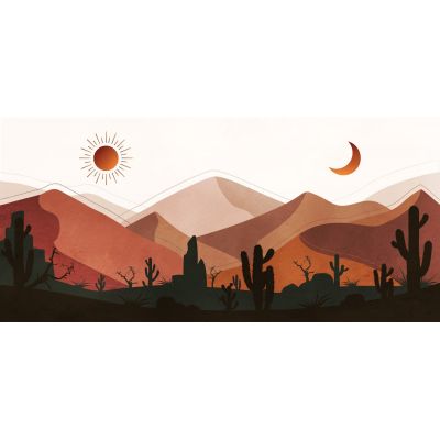 Quadro Boho Chic Illustrazione Paesaggio Deserto Montuoso Con Cactus Al Tramonto E Luna Crescente bol5 quadro stampa su tela