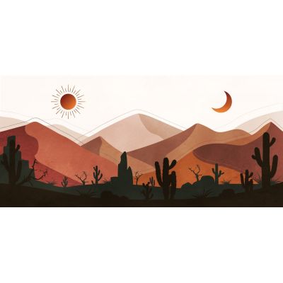 Tableau Illustration Bohème Chic Paysage Désert Montagneux Avec Cactus Au Coucher Du Soleil Et Croissant De Lune , bol5 tableau impression sur toile