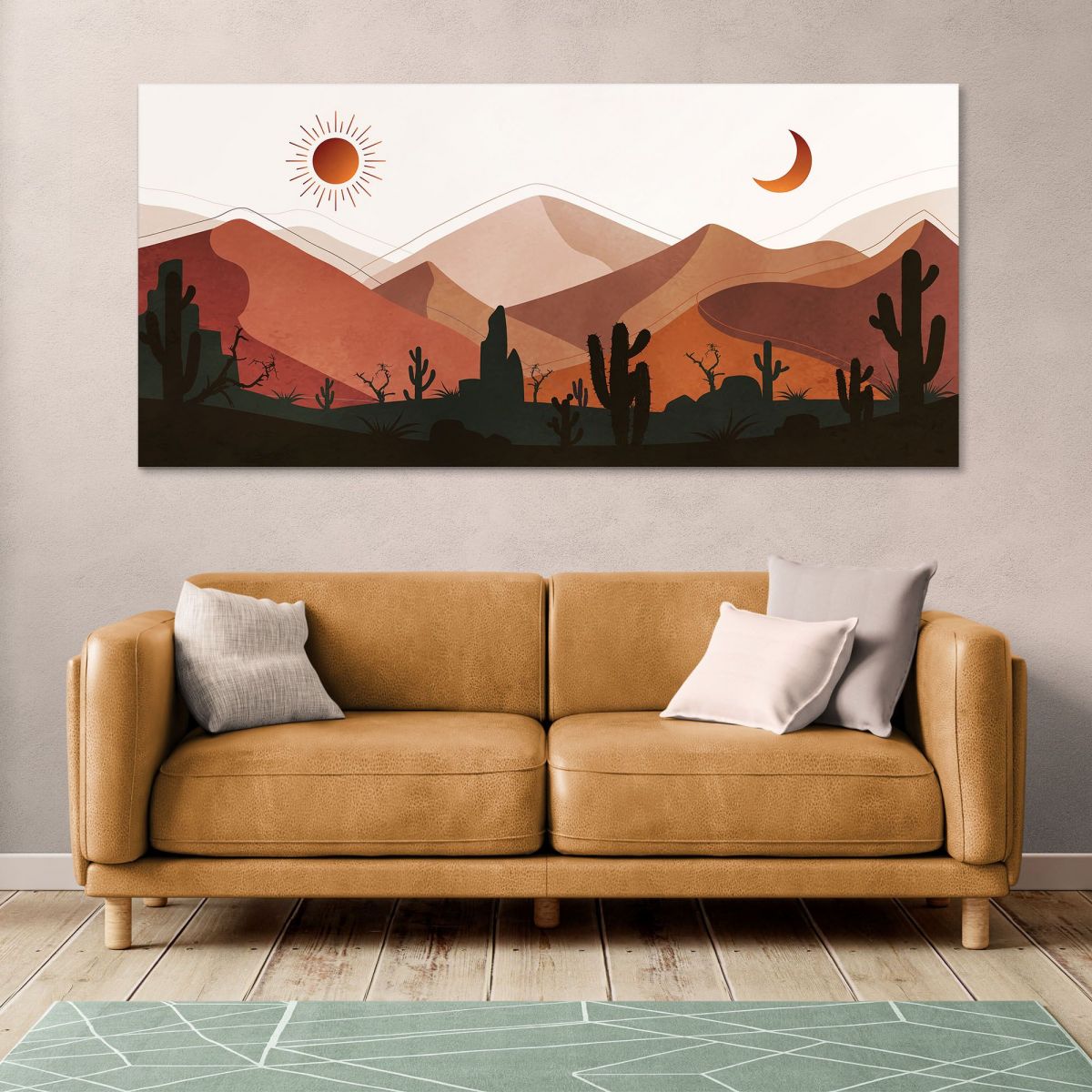 Quadro Boho Chic Illustrazione Paesaggio Deserto Montuoso Con Cactus Al Tramonto E Luna Crescente bol5 quadro stampa su tela