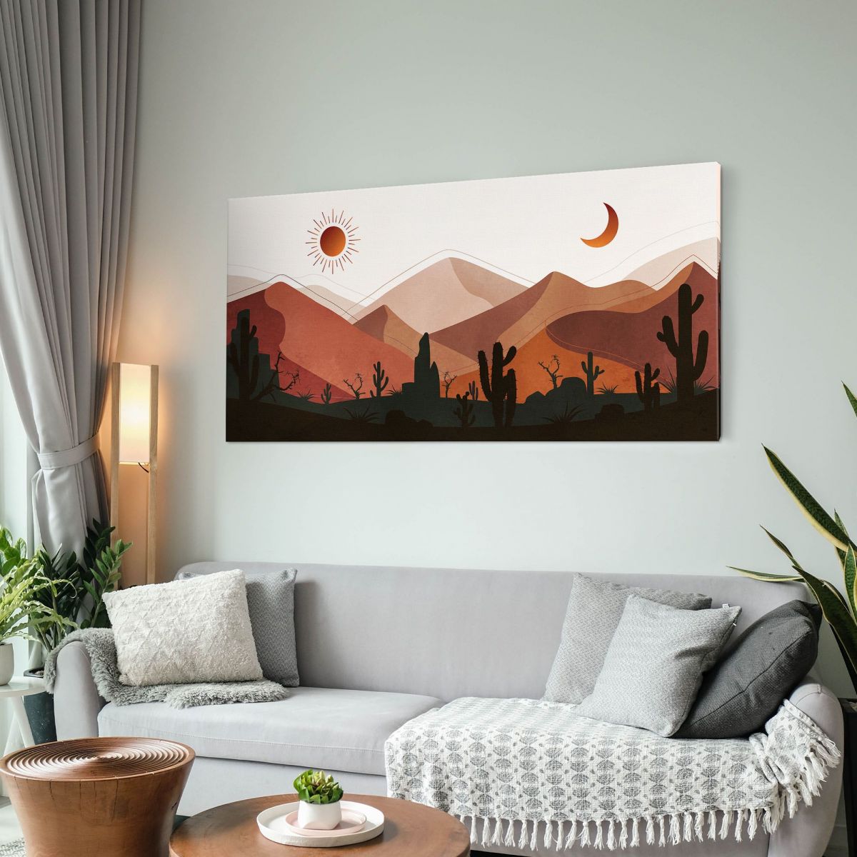 Quadro Boho Chic Illustrazione Paesaggio Deserto Montuoso Con Cactus Al Tramonto E Luna Crescente bol5 quadro stampa su tela