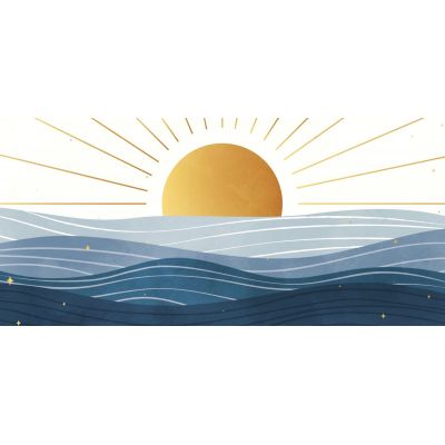 Tableau D'Illustration De Paysage Bohème Chic Lever De Soleil Sur La Mer Avec Soleil Doré Et Vagues Bleues , bol6 tableau impression sur toile