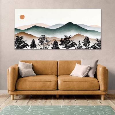 Quadro Boho Chic Illustrazione Paesaggio Montagne Nebbiose Con Sole Al Tramonto bol7 quadro stampa su tela