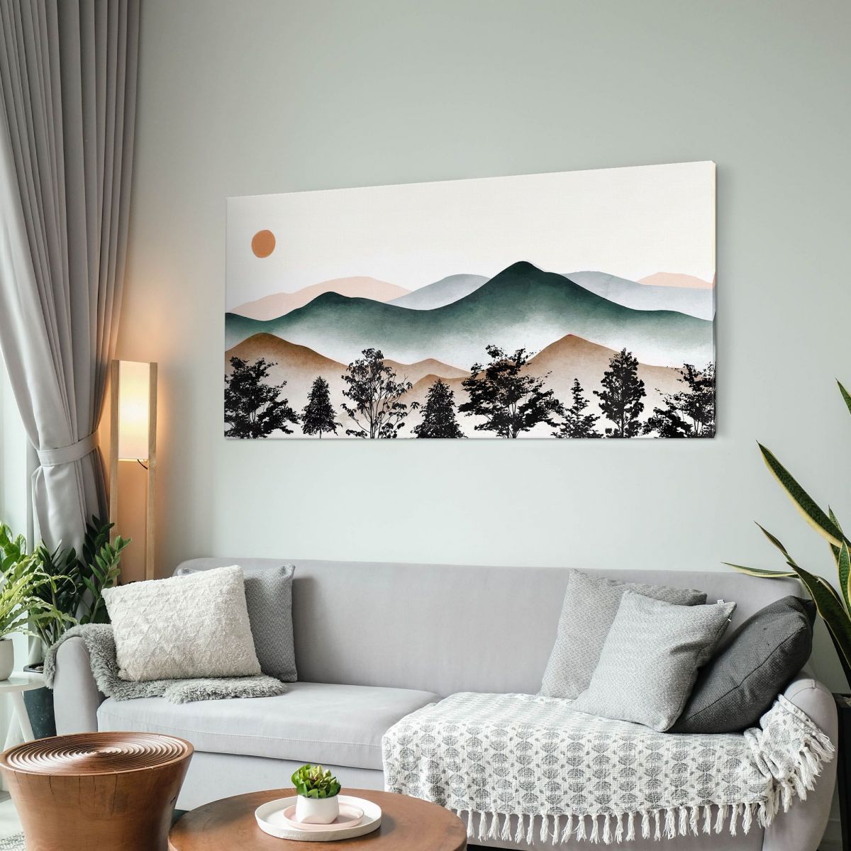 Quadro Boho Chic Illustrazione Paesaggio Montagne Nebbiose Con Sole Al Tramonto bol7 quadro stampa su tela