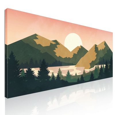 Quadro Boho Chic Illustrazione Paesaggio Tramonto Sulle Montagne Con Sole E Foresta bol8 quadro stampa su tela