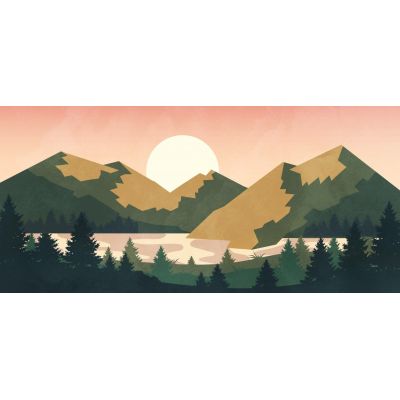 Quadro Boho Chic Illustrazione Paesaggio Tramonto Sulle Montagne Con Sole E Foresta bol8 quadro stampa su tela