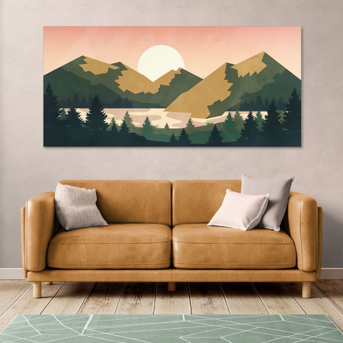 Quadro Boho Chic Illustrazione Paesaggio Tramonto Sulle Montagne Con Sole E Foresta bol8 quadro stampa su tela