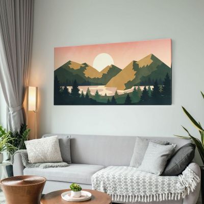 Quadro Boho Chic Illustrazione Paesaggio Tramonto Sulle Montagne Con Sole E Foresta bol8 quadro stampa su tela