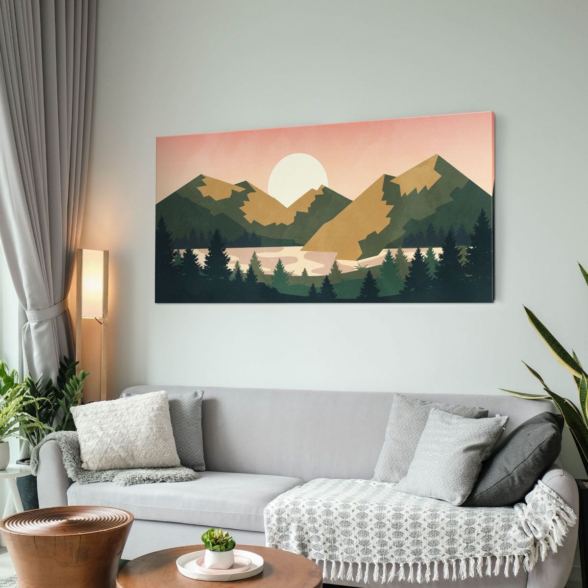 Quadro Boho Chic Illustrazione Paesaggio Tramonto Sulle Montagne Con Sole E Foresta bol8 quadro stampa su tela