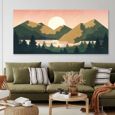 Quadro Boho Chic Illustrazione Paesaggio Tramonto Sulle Montagne Con Sole E Foresta bol8 quadro stampa su tela