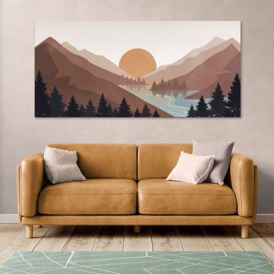 Quadro Boho Chic Illustrazione Paesaggio Tramonto Sulle Montagne Con Riflessi Sul Lago bol10 quadro stampa su tela