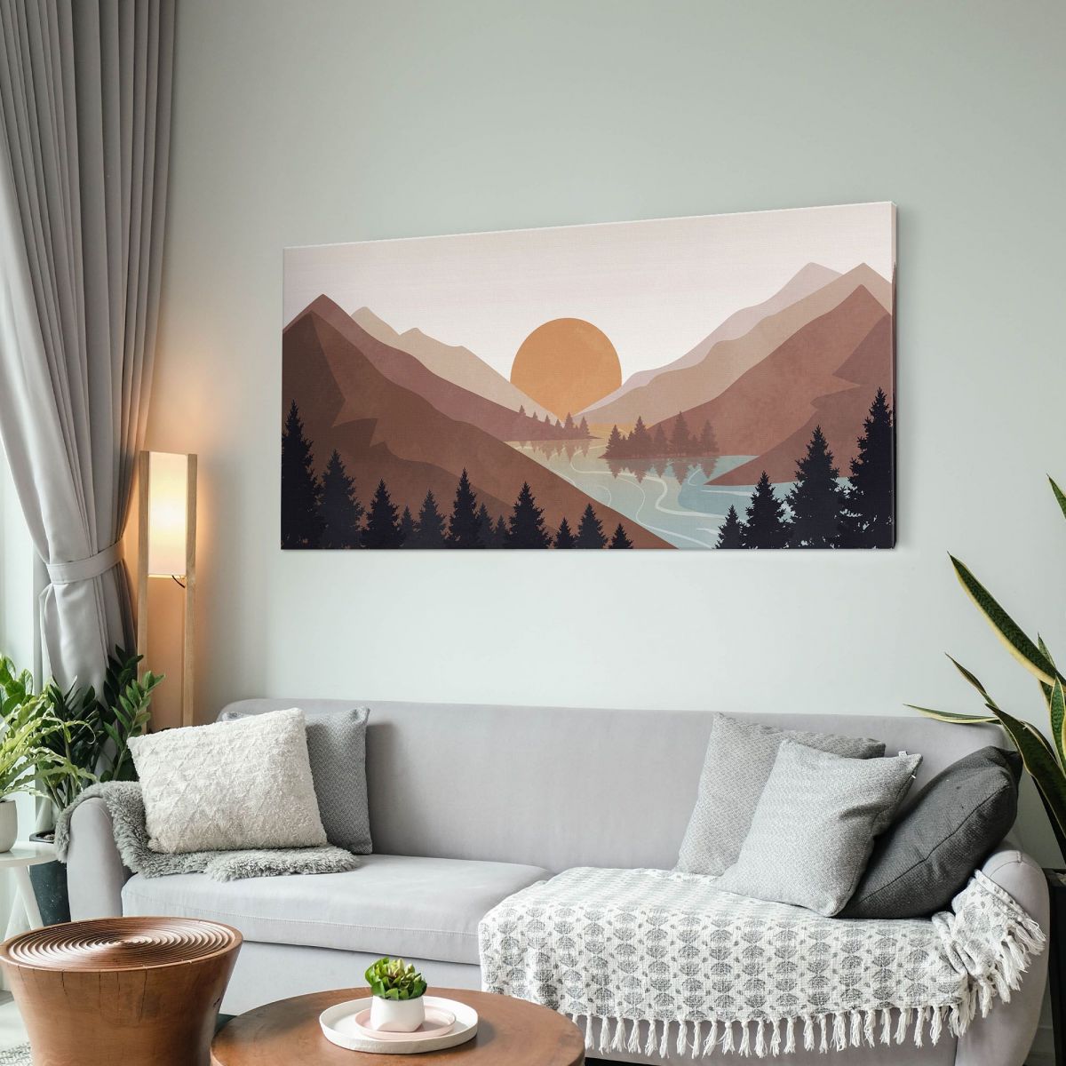 Quadro Boho Chic Illustrazione Paesaggio Tramonto Sulle Montagne Con Riflessi Sul Lago bol10 quadro stampa su tela