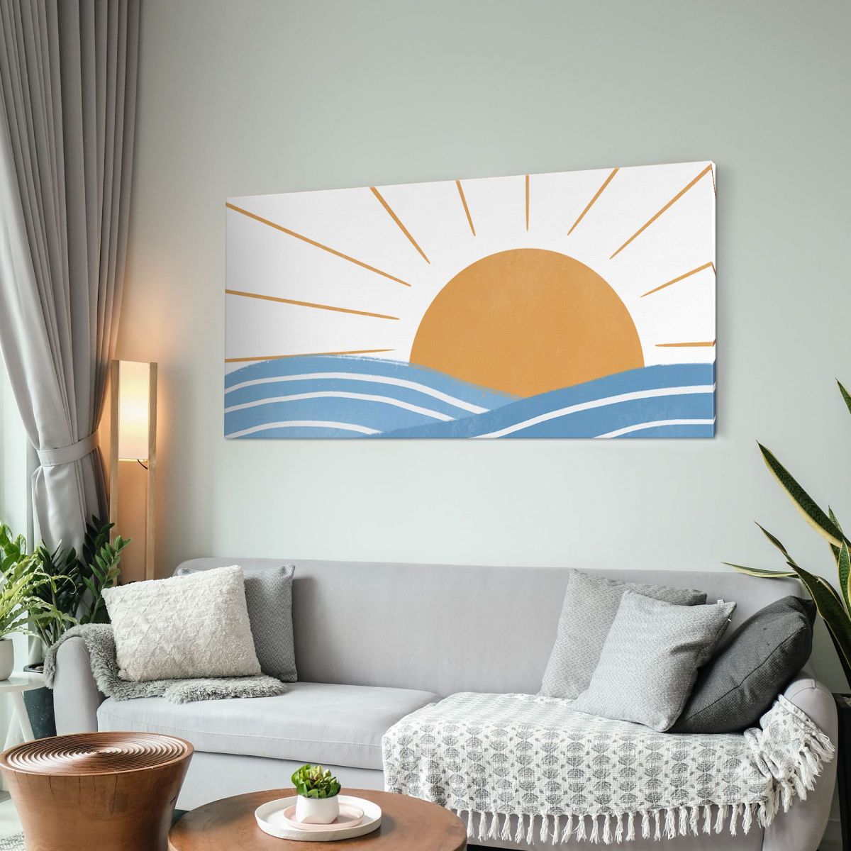 Quadro Boho Chic Illustrazione Paesaggio Alba Sul Mare Con Onde E Raggi Di Sole bol15 quadro stampa su tela