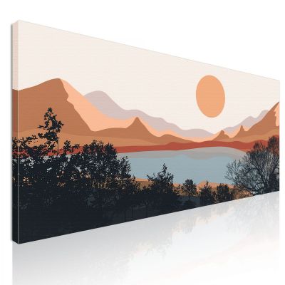 Quadro Boho Chic Illustrazione Paesaggio Lago Al Tramonto Con Montagne E Alberi bol16 quadro stampa su tela