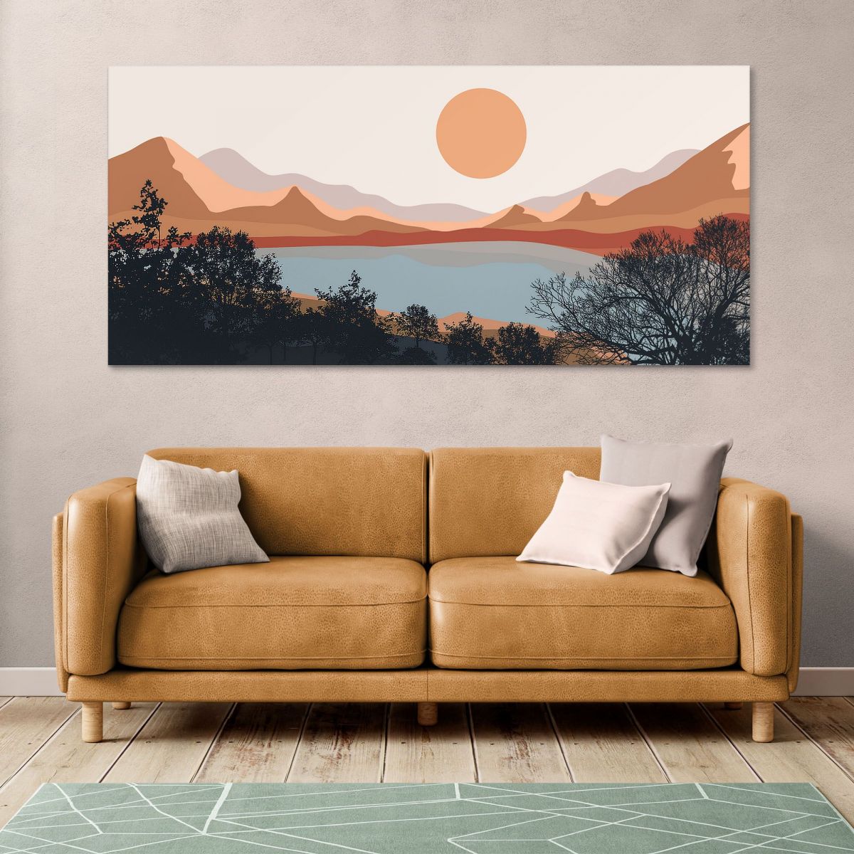 Quadro Boho Chic Illustrazione Paesaggio Lago Al Tramonto Con Montagne E Alberi bol16 quadro stampa su tela