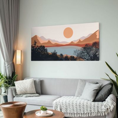 Quadro Boho Chic Illustrazione Paesaggio Lago Al Tramonto Con Montagne E Alberi bol16 quadro stampa su tela