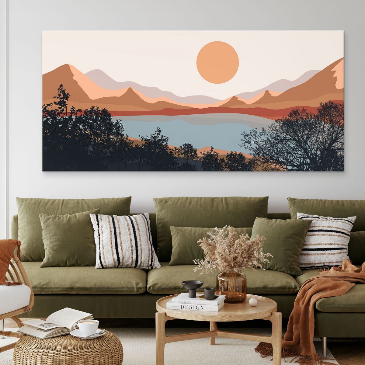 Quadro Boho Chic Illustrazione Paesaggio Lago Al Tramonto Con Montagne E Alberi bol16 quadro stampa su tela