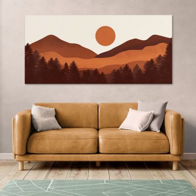 Quadro Boho Chic Illustrazione Paesaggio Paesaggio Montano Con Tramonto bol17 quadro stampa su tela