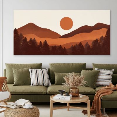 Quadro Boho Chic Illustrazione Paesaggio Paesaggio Montano Con Tramonto bol17 quadro stampa su tela