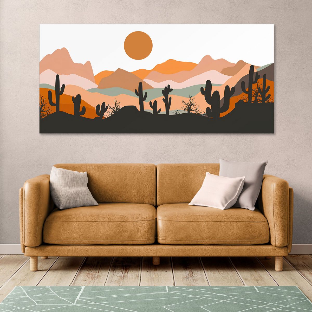 Quadro Boho Chic Illustrazione Paesaggio Montagne Con Cactus E Sole Al Tramonto bol18 quadro stampa su tela