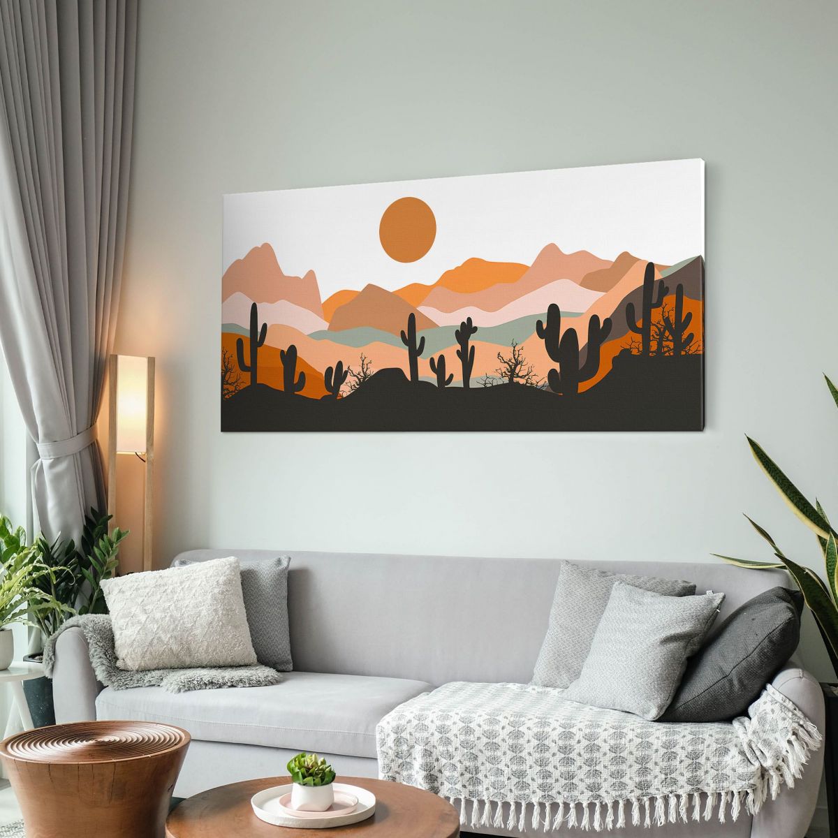 Quadro Boho Chic Illustrazione Paesaggio Montagne Con Cactus E Sole Al Tramonto bol18 quadro stampa su tela