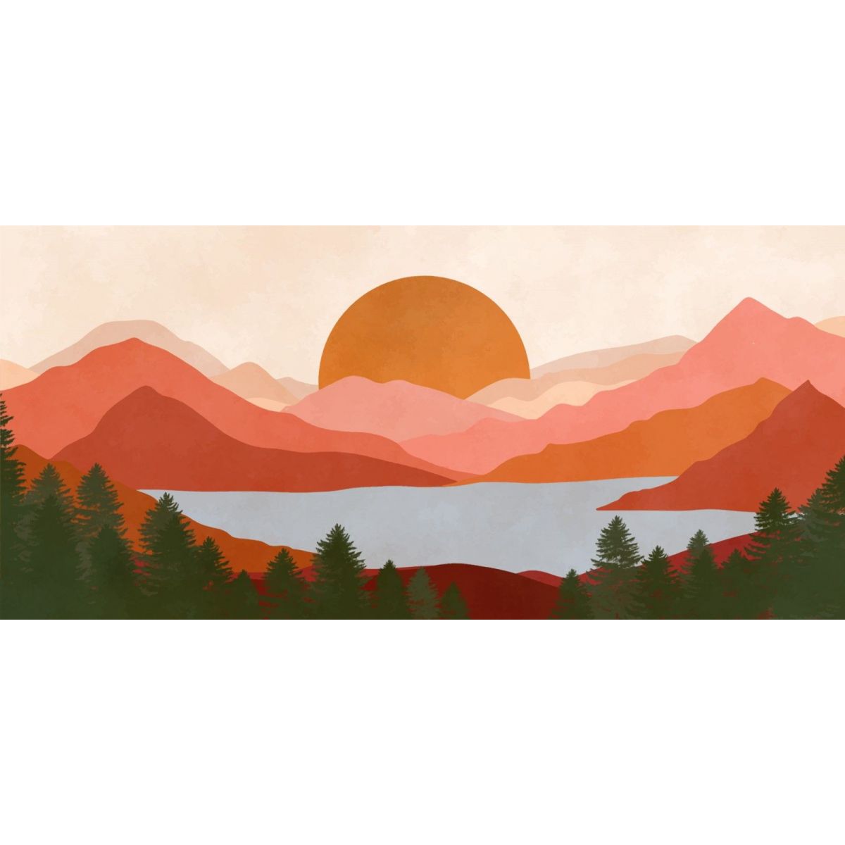 Quadro Boho Chic Illustrazione Paesaggio Montagne Rosse Con Lago E Tramonto bol19 quadro stampa su tela