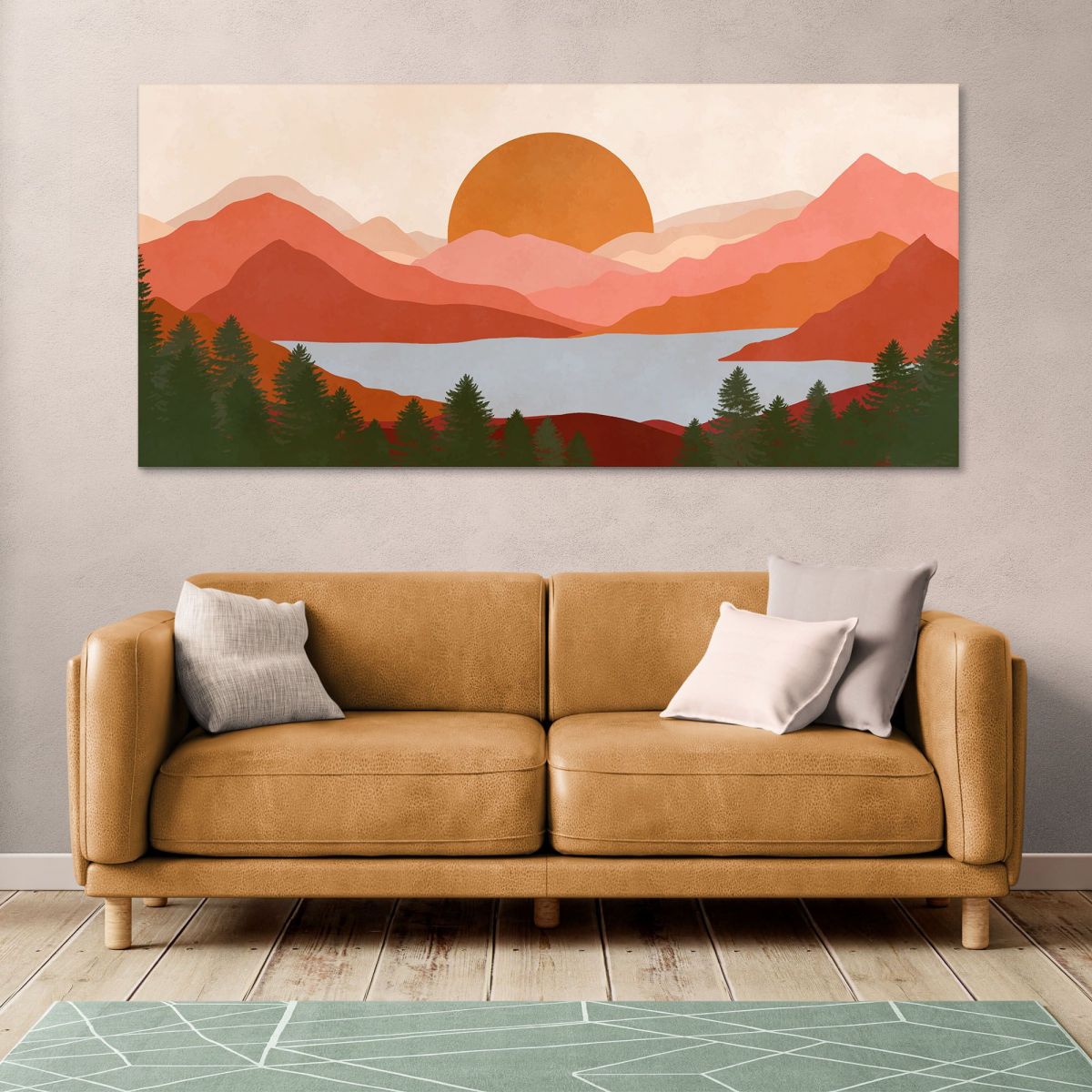 Quadro Boho Chic Illustrazione Paesaggio Montagne Rosse Con Lago E Tramonto bol19 quadro stampa su tela