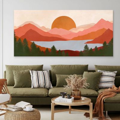 Quadro Boho Chic Illustrazione Paesaggio Montagne Rosse Con Lago E Tramonto bol19 quadro stampa su tela