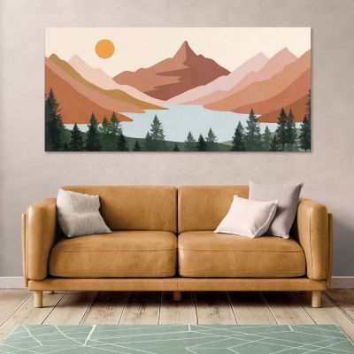 Quadro Boho Chic Illustrazione Paesaggio Montagne Sul Lago All'Alba bol20 quadro stampa su tela