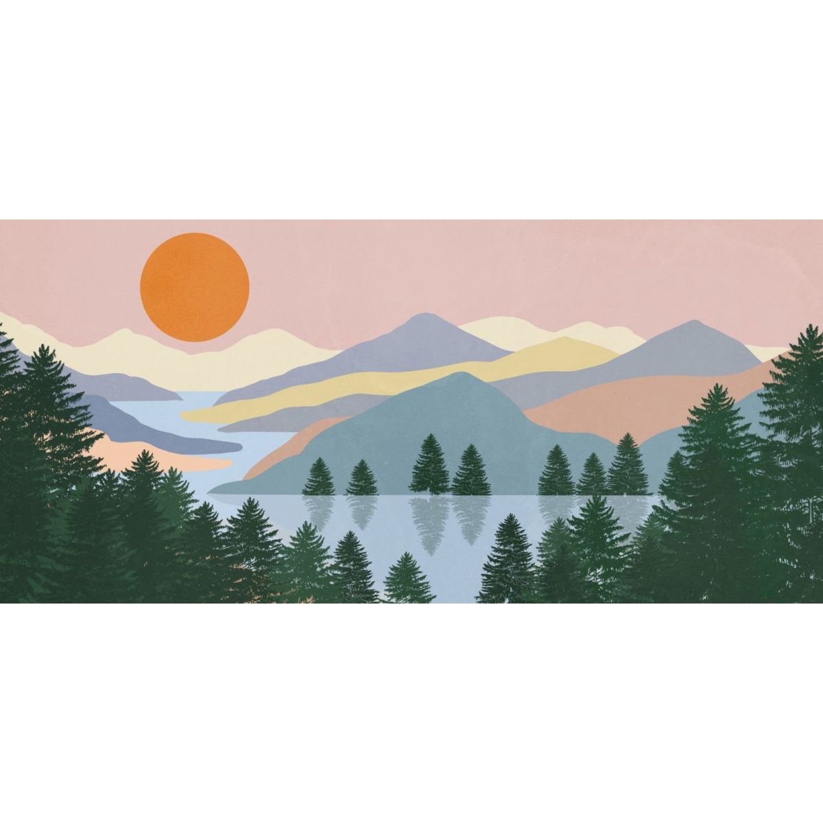 Quadro Boho Chic Illustrazione Paesaggio Alba Sul Lago Con Pini E Montagne bol21 quadro stampa su tela