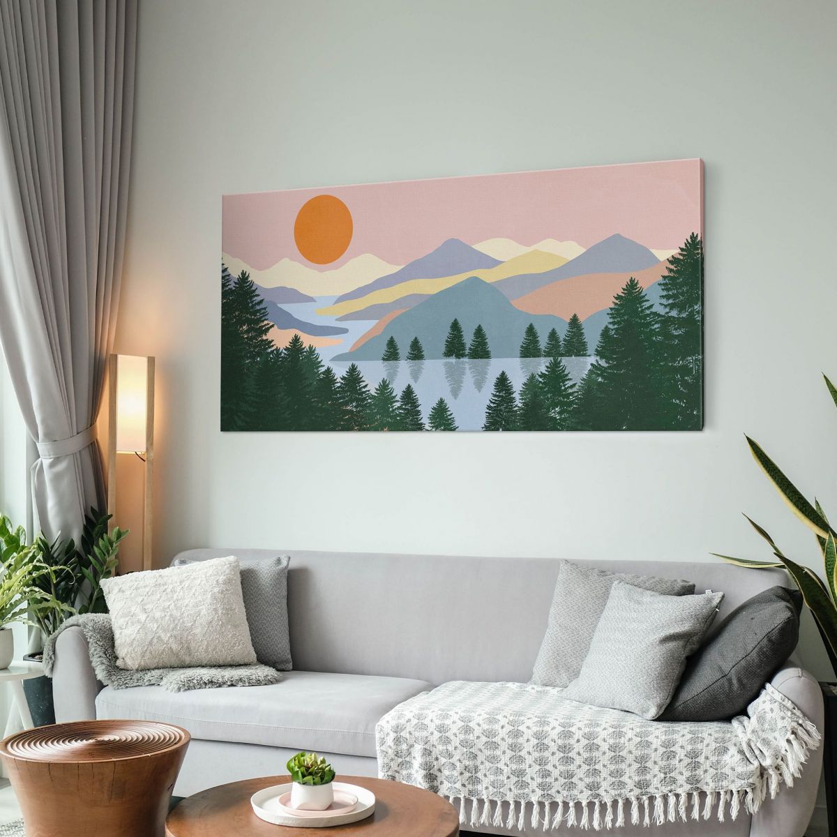 Quadro Boho Chic Illustrazione Paesaggio Alba Sul Lago Con Pini E Montagne bol21 quadro stampa su tela