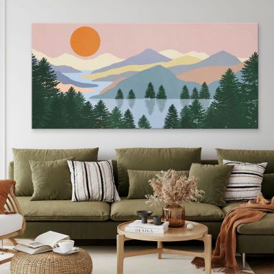 Quadro Boho Chic Illustrazione Paesaggio Alba Sul Lago Con Pini E Montagne bol21 quadro stampa su tela