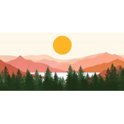 Illustration De Paysage De Peinture Boho Chic Forêt De Pins Avec Montagnes Et Soleil , bol23 tableau impression sur toile