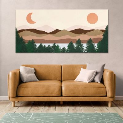 Quadro Boho Chic Illustrazione Paesaggio Lago Con Pini Montagne Sole E Luna bol24 quadro stampa su tela