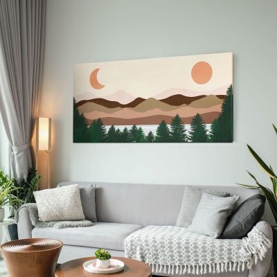 Quadro Boho Chic Illustrazione Paesaggio Lago Con Pini Montagne Sole E Luna bol24 quadro stampa su tela