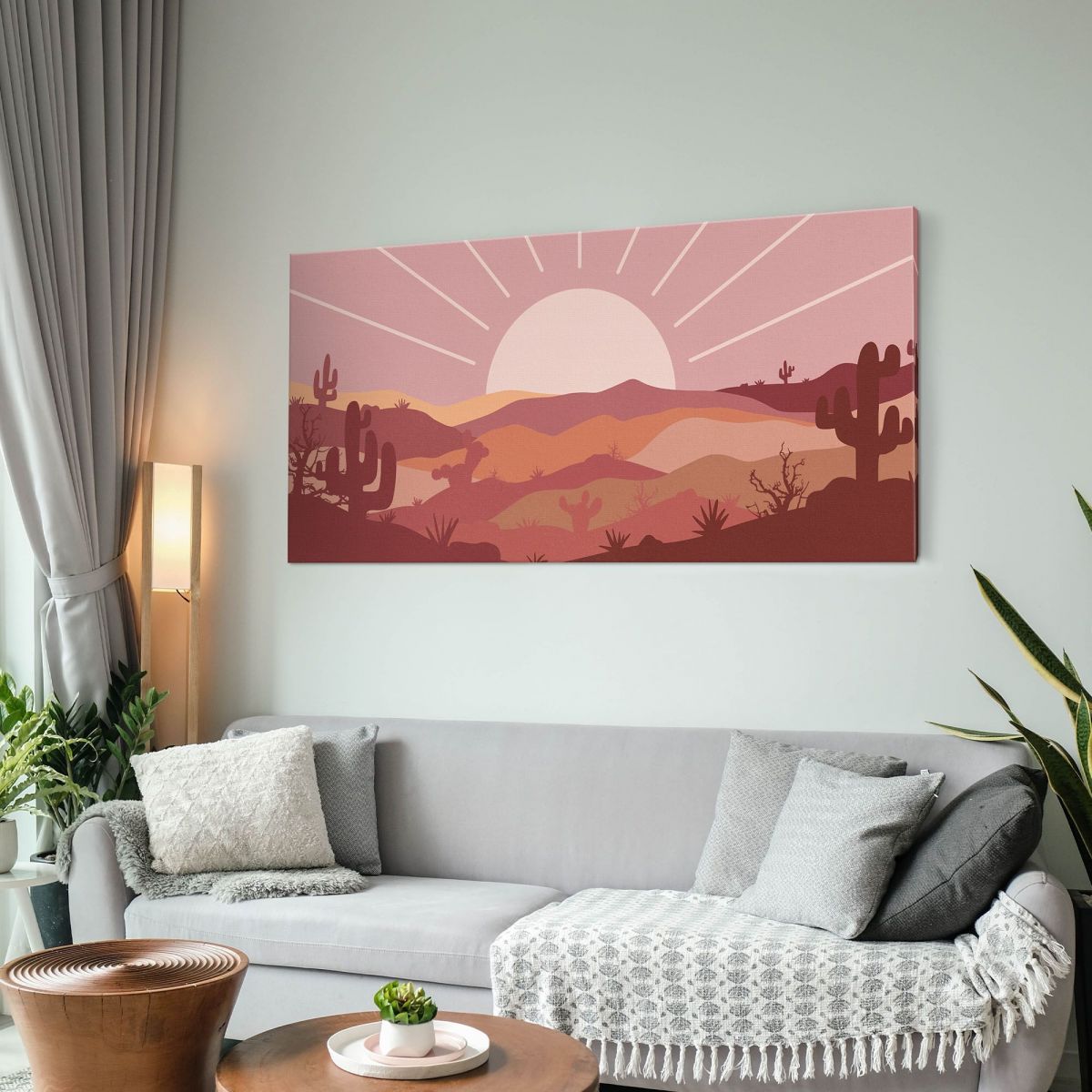 Quadro Boho Chic Illustrazione Paesaggio Montagne Desertiche Con Sole E Raggi bol25 quadro stampa su tela